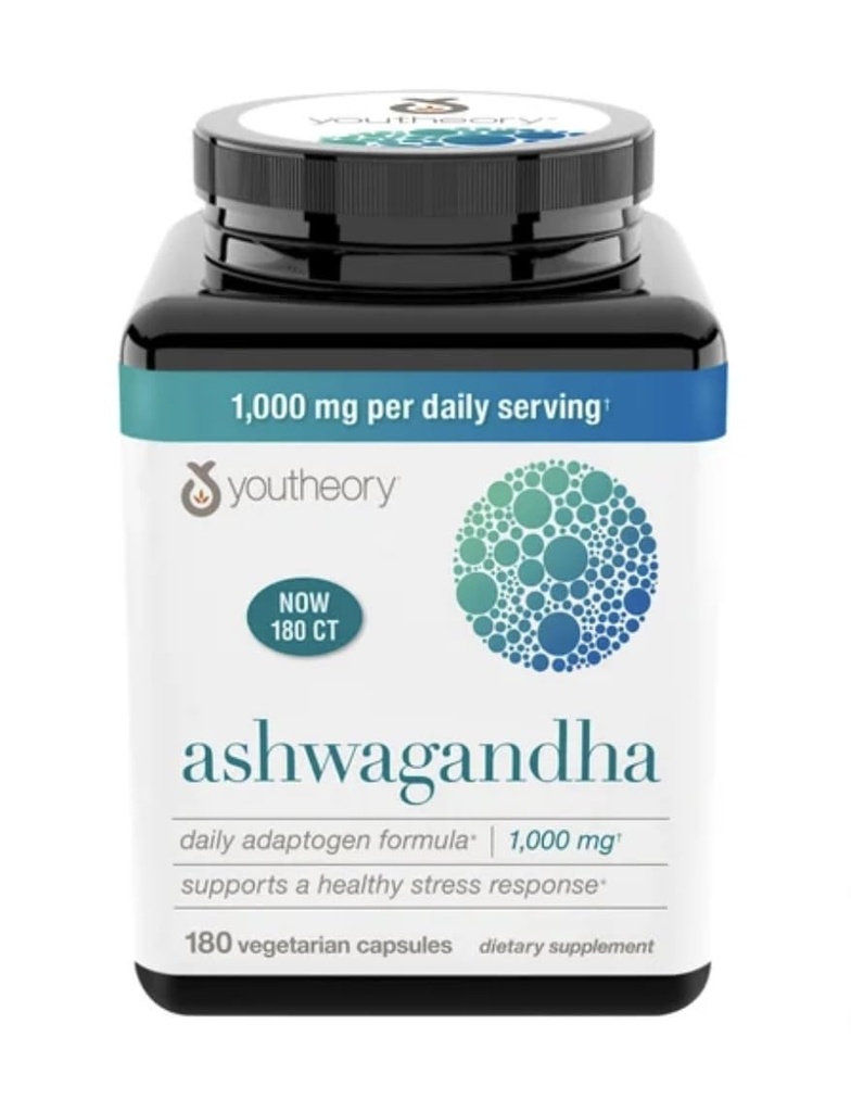 Youtheory Ashwagandha 1000 mg with KSM-66 - 帮助支持健康应激反应,180 Capsules (一包)