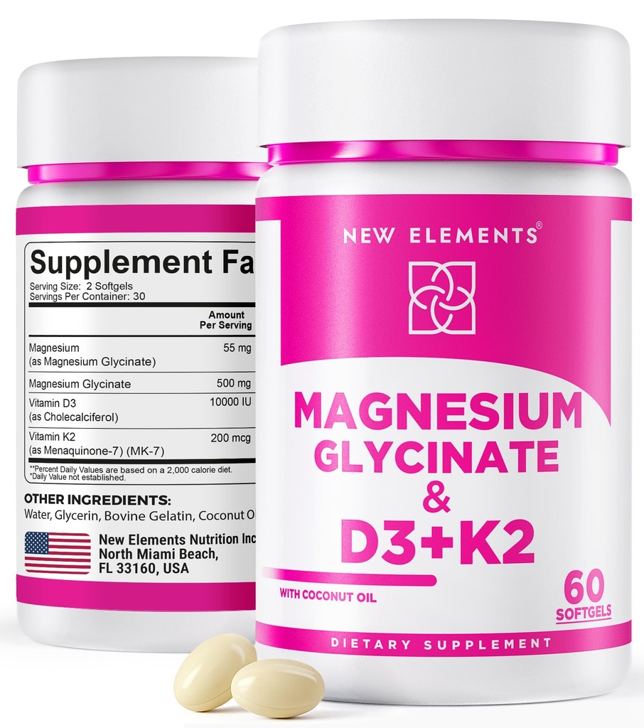 甘化镁 500mg 配有高概率维生素D3 10,000 IU & Vitamin K2 200mcg ++ 配有椰油加固,用于最佳吸收 ++ 非 GMO,无糖无糖软胶(60软胶)