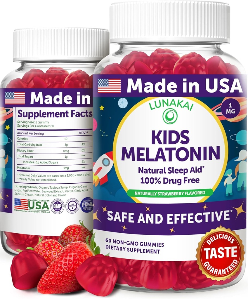 Lunakai USA 制作儿童梅拉托宁1mg - 儿童安全和自然睡眠援助 2+ - 非GMO, Vegan, Gluten-free - 60 Counter