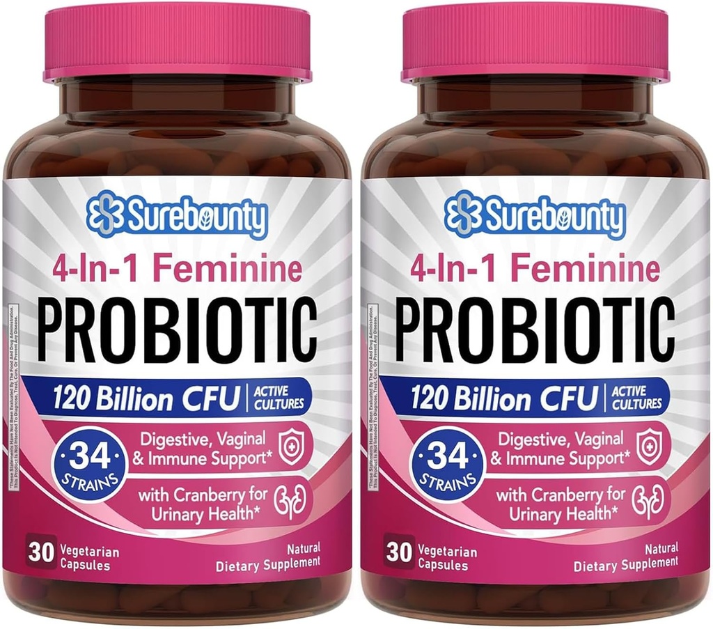 妇女抗生素,120亿CFU 34 Strains, Prebiotics, 消化酶, Cranberry, 4-in-1 女性抗生素, 消化剂,阴道, 免疫支持, 60 ct (Pack of 2)