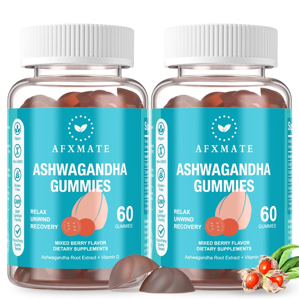 AFXMATE Ashwagandha Gummys & Vitamin D Gummys for Men & Women 120 Aswangdha伯爵补充(非GMO,无糖和无糖)