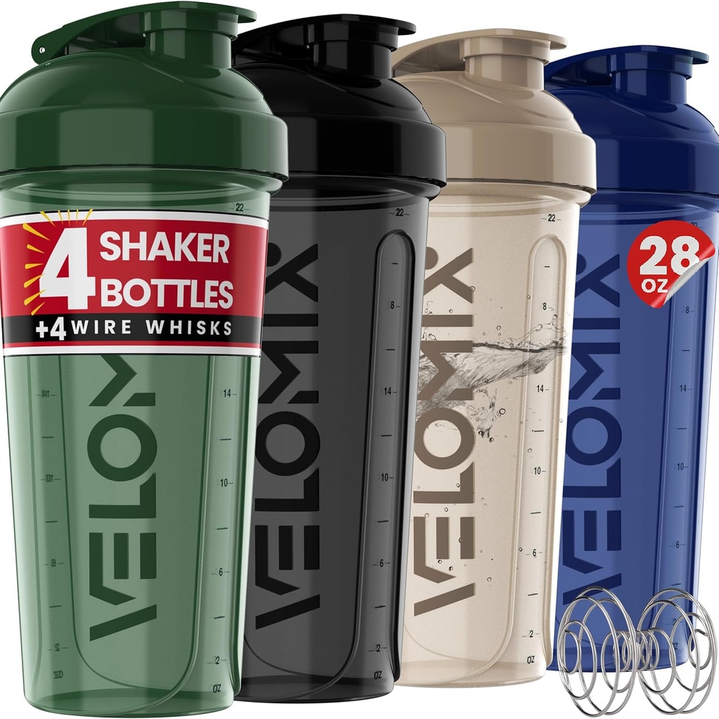 VELOMIX - 4 PACK - 28 oz 摇牌杯 蛋白质摇牌 - 4x Wire Whisk → Leak Proof 蛋白质摇牌瓶 → 蛋白质摇牌瓶 → 蛋白质摇牌(森林边缘)