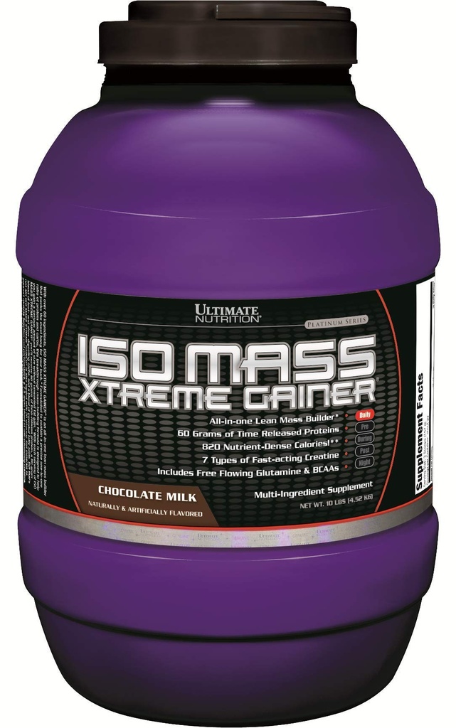 超营养 ISO Mass Xtreme Gainer, 重增营养 蛋白质 配Creatine, 60 克蛋白质, Whei 隔离蛋白质 配精肌肉增益, 10 LBS 配有 30 种服务 巧克力