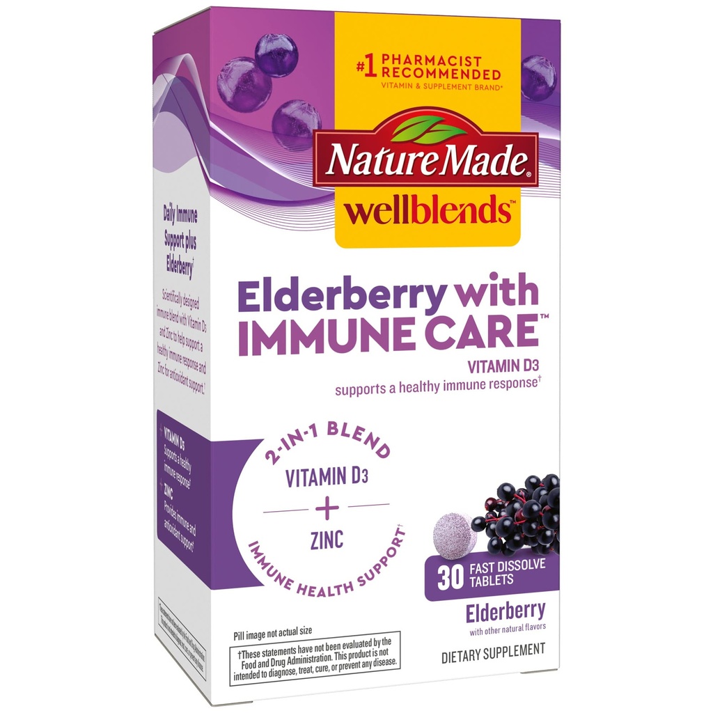 大自然用ImmuneCare、维生素D3和锌制成Wellbunds 长老莓,配有Perderberry Flavor,30块快速溶解片