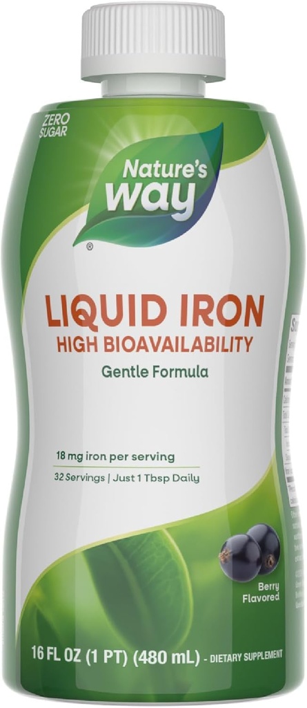 Nature's Way Liquid Iron, 100%的日值, 18毫克的铁作为 Ferric Glycnit / 服务, 无糖添加, Berry Flavored, 16 Fl Oz (包装 May Vary)