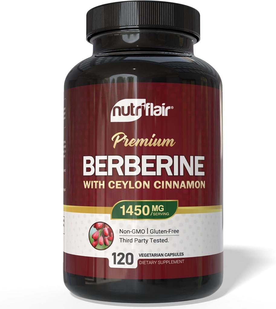 NutriFlair Berberine with Ceylon Cinnamon 1450mg Supplement – 120 Capsules → 高概率公式 与 Berberine HCl 和 有机锡兰 Cinnamon → 非 GMO , Vegan , Gluten-Free