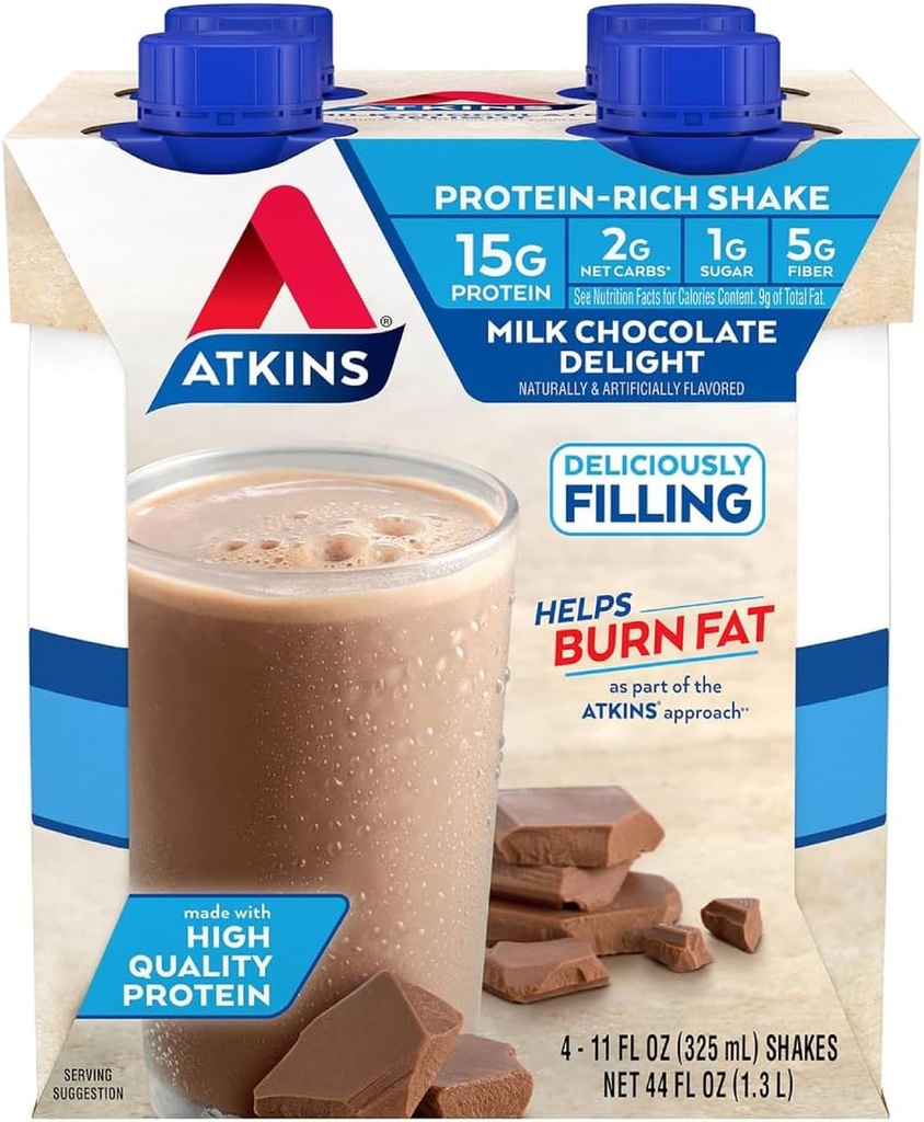 Atkins 巧克力奶昔 蛋白质沙克 15g 蛋白质 低甘油 2g Net Carb, 1g Sugar, Keto 友好, 4 Counter