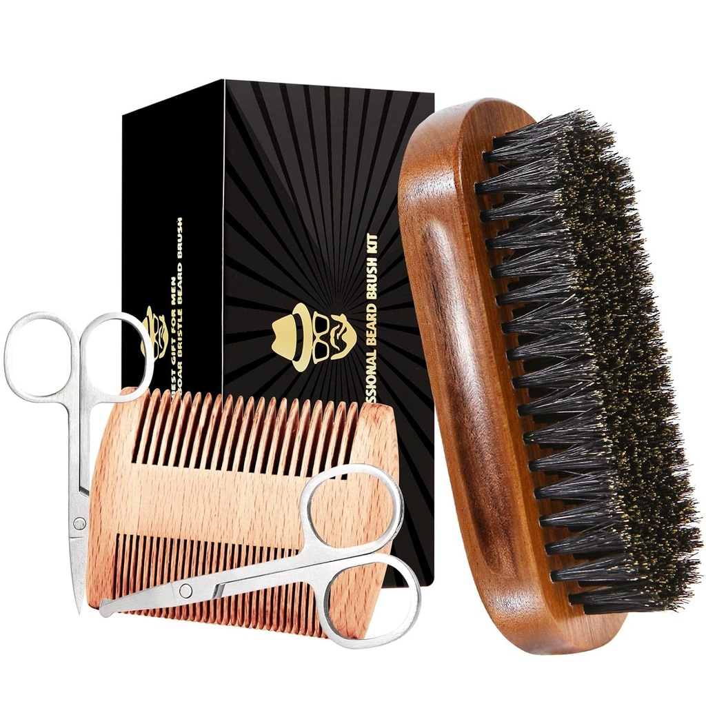Sosoon Boar Bristle Beard Groming Set for Men - 矩形笔刷, Comb, 2 胡子剪刀, 旅行包