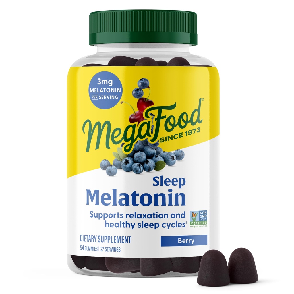 Megafood Melatonin Gummys - Melatonin – 每架服务帮助放松和失眠 – 成人睡眠 Gummys - Berry Flavor, Non-GMO, 认证 Vegan - 54 Counter (27架服务机)