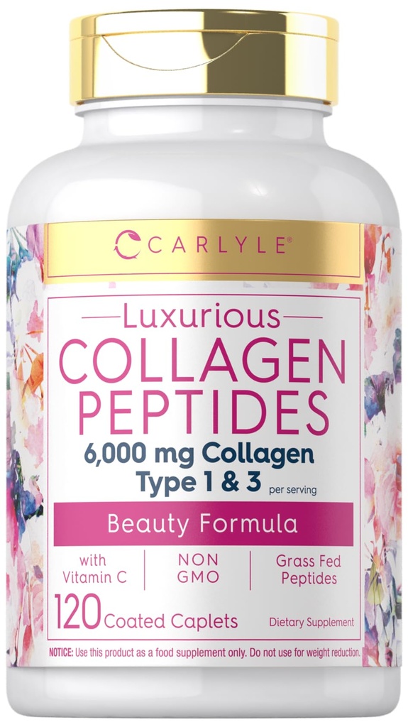 Carlyle Collagen 配有维生素C → 6000mg → 120 Caplets → 多Collagen Peptide Pills → 1型和 3型 → Non-GMO, Gluten Free, Grass Fed