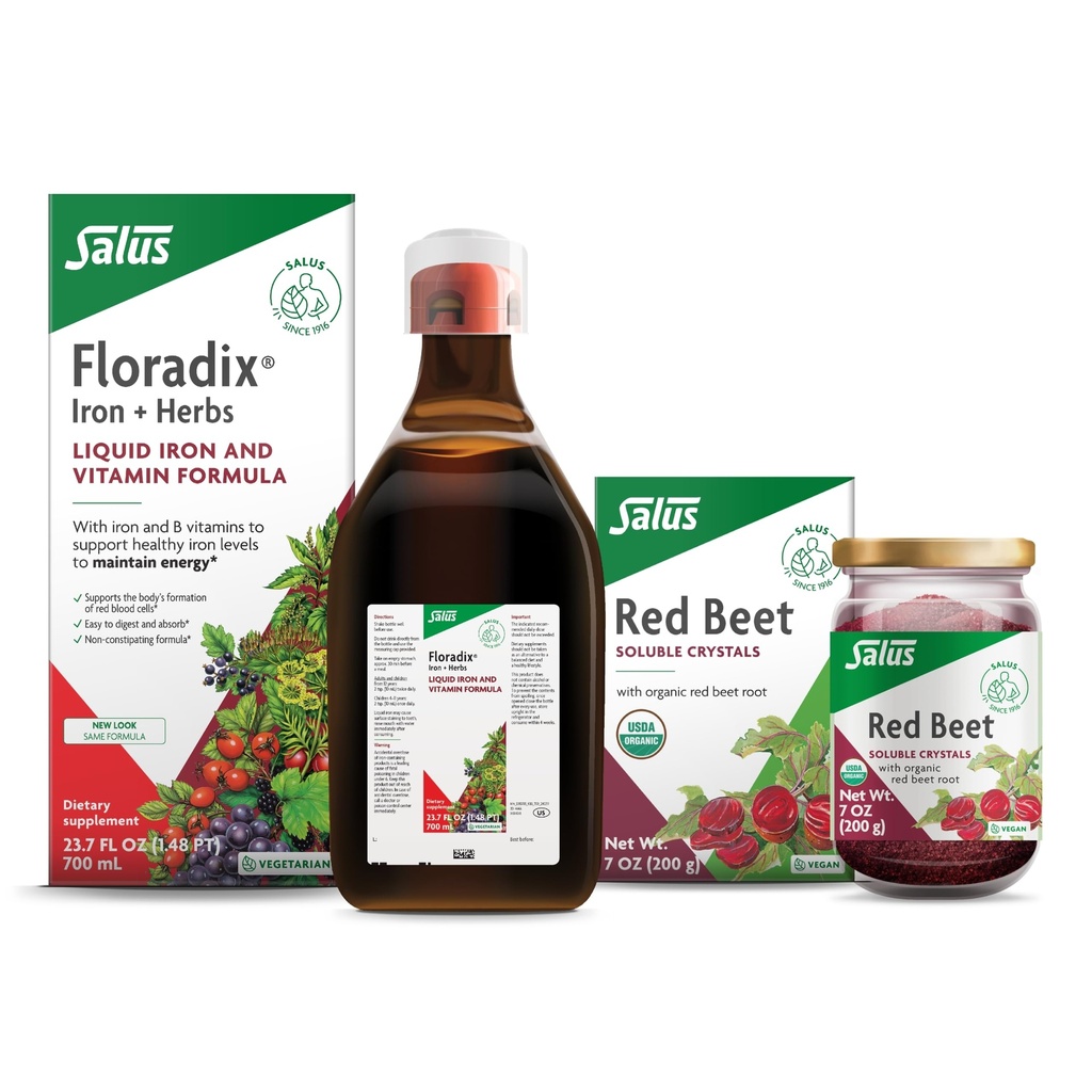 Floradix Iron & Herbs (23.7 oz) & Salus Red Beet Crystals (7 oz) - Iron Supplement for Healthy Energy Support* & Organic Nutritional Beet Root Drink Mix