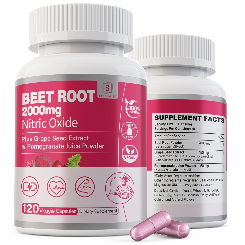 Beet Root Capsules 2000mg Nitric Oxide 补充 W/Grape种子提取,石榴提取支持循环和血液流动,男女能源,有机贝特罗特粉,非转基因生物,240个计数