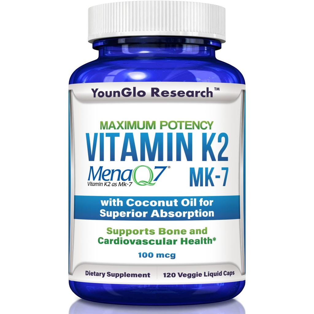 维生素K2 MK7(MenaQ7) 100 mcg w/Coconut Oil for Superior 吸附,膳食健康补充,120 Vegan液囊支持成年妇女和男子骨强和密度