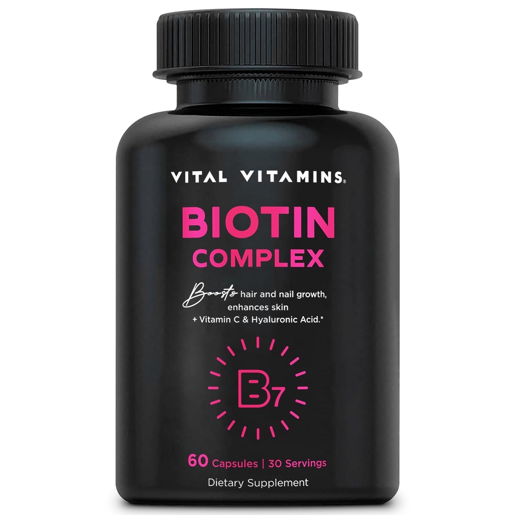 重要维生素 生物素复合药丸 - 含Hyaluronic Acid, MSM, Collagen, & Vitamin C - 毛发,皮肤,和钉子 - 60卡普尔