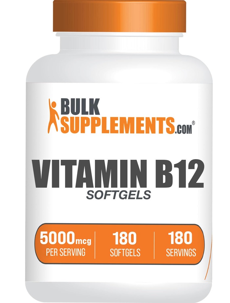 Bulk Assupports.com 维生素 B12 5000 mcg 软胶 - Cyanocobalamin 维生素 B 辅料 B12 维生素药丸 - Gluten Free, 1 维生素 B12 软胶每服一次,180日供应,180软胶