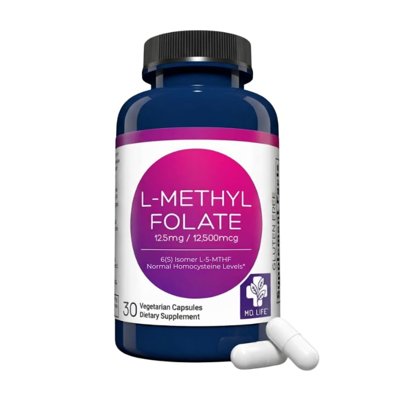MD 生命 L-甲基乙二醇 12.5 mg 补充 - 专业-格氏活性 L Methylfolate 补充 - 30 Capsules - L-Methylfolate 12.5mg - 最大概率 MTHFR W/Essic 氨基酸
