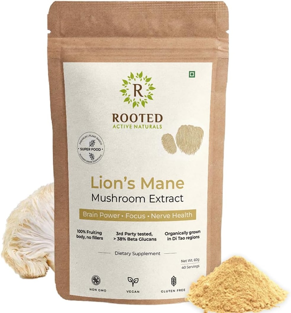 ROOTED Active's, Lions Mane Mushroom 提取粉末(认证有机,38%验证Beta GlucansQQX) 认知,清晰,焦点和迷你,脑健康支持(2.11 Ounce)