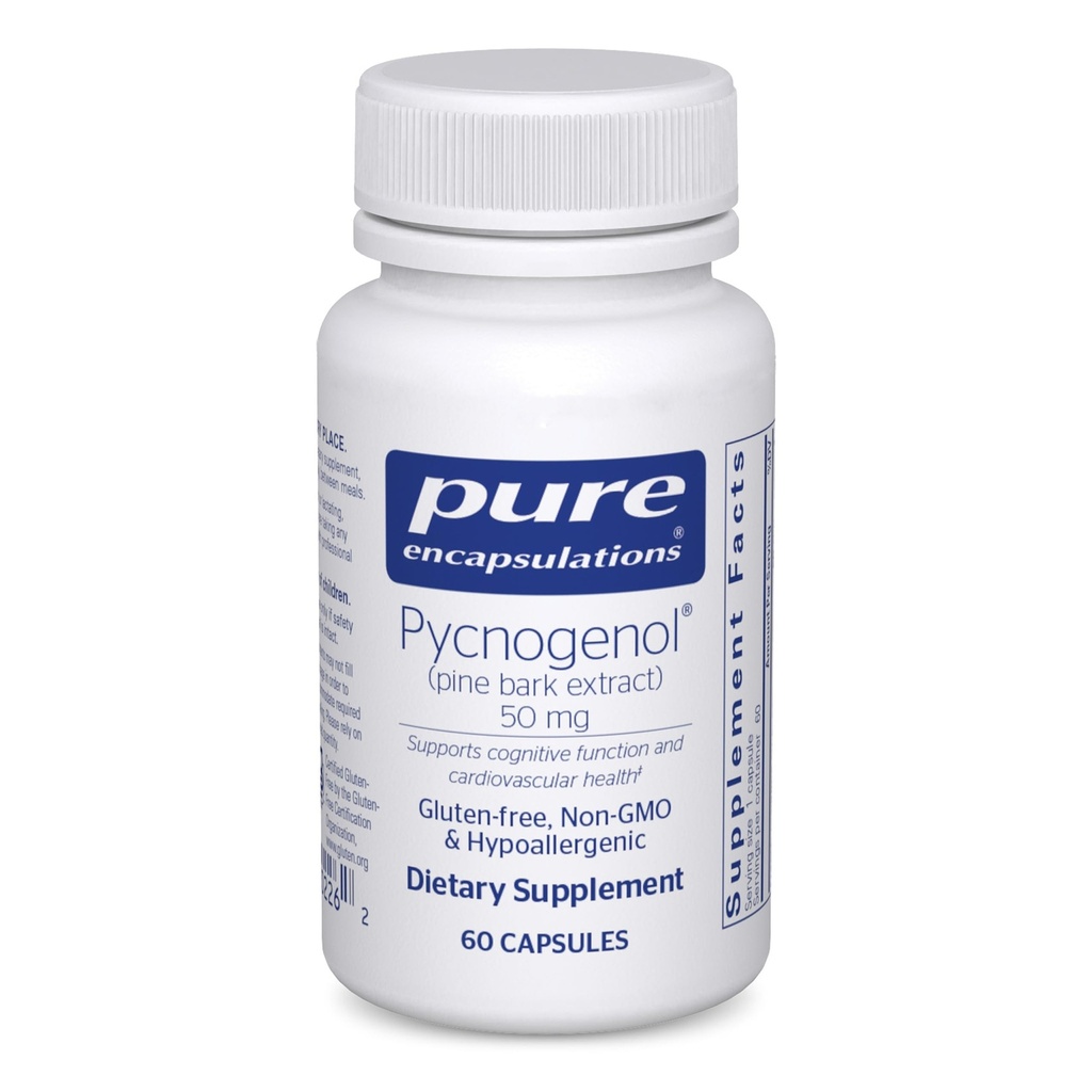 纯封装 Pycnogenol (Pine Bark 提取物) 50 mg → 假过敏性补充物,以支持认知功能和心血管健康 → 60 capsules