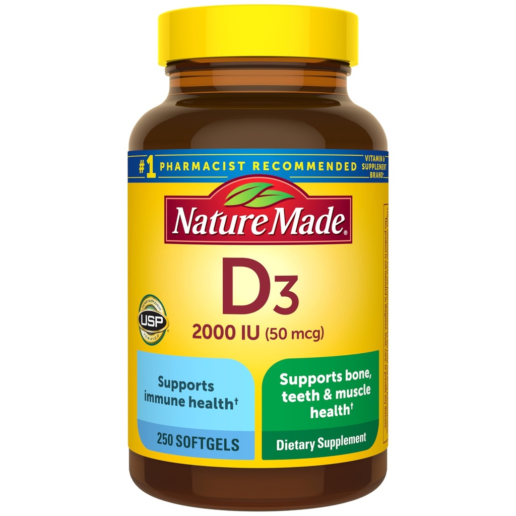 天然制维生素D3 2000 IU(50 mcg),维生素D补充骨、牙齿、肌肉和免疫健康支助,250软胶,250天供应