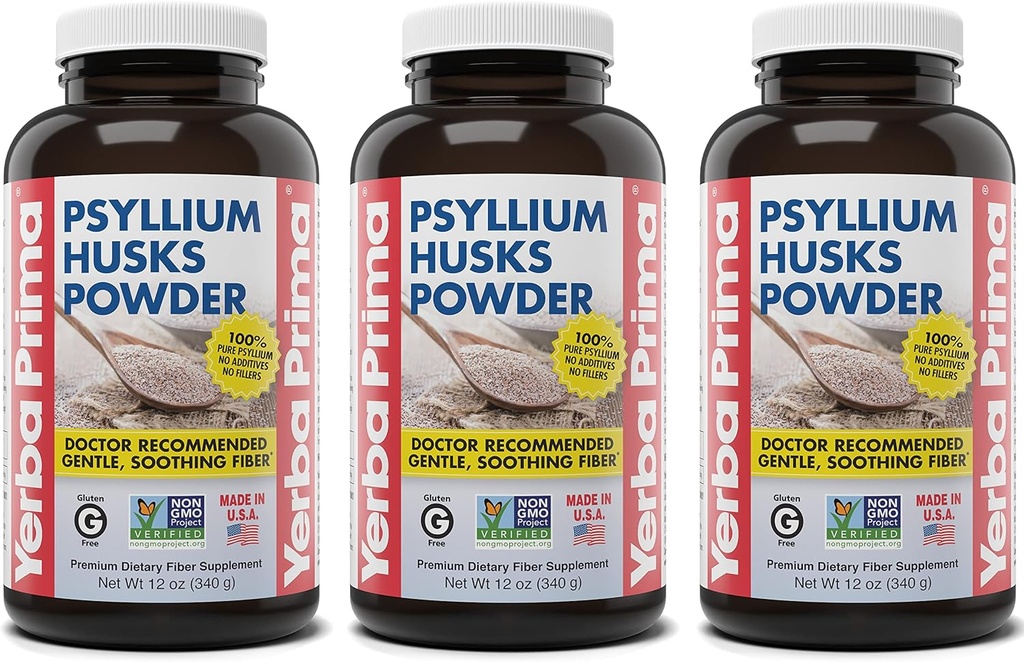 Yerba Prima Psyllium Husks 粉末 - 12 oz (Pack of 3) - 天然纤维补充剂 - 科隆清洁 - Vegan, Non-GMO, Gluten-Free (新标签 - 包装 May Vary)