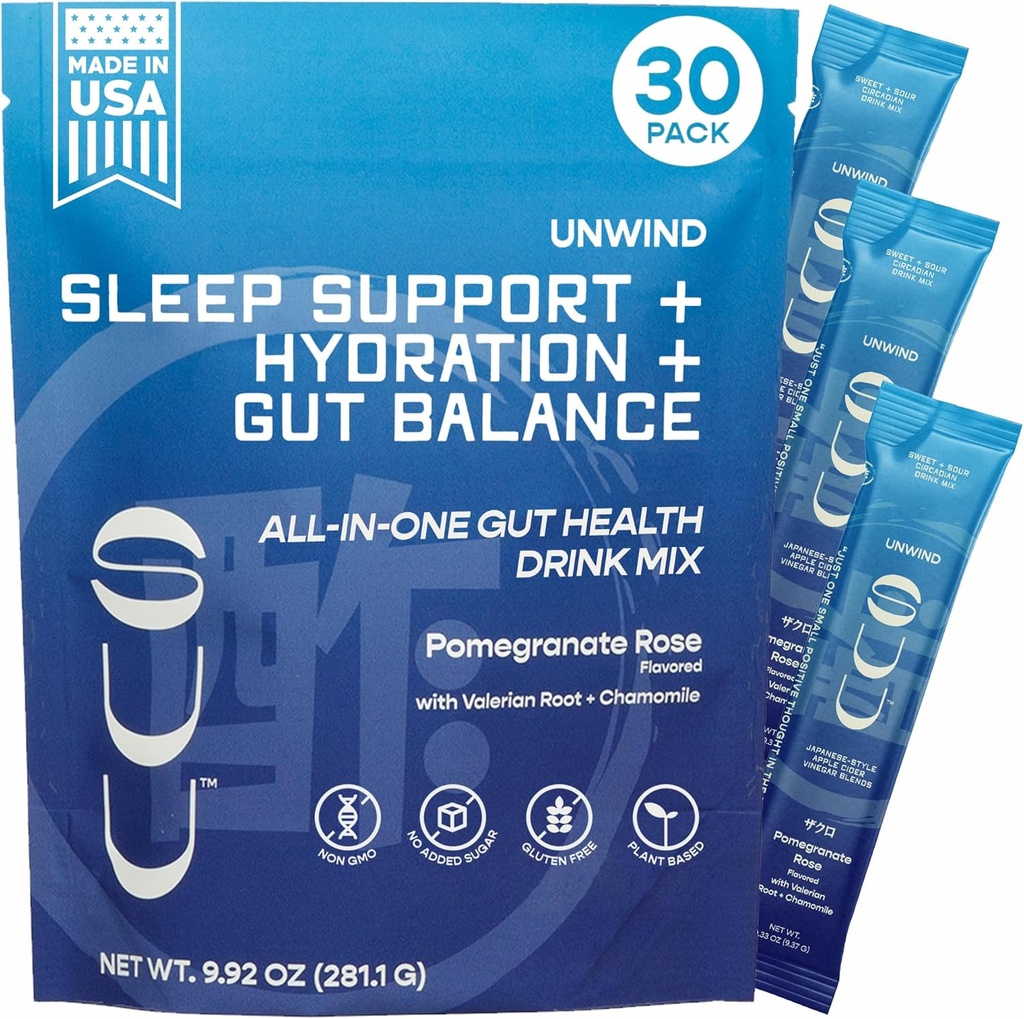 Unwind Gut Health Drinking Mix & Apple Cider Vinegar Prebiotic,Probiotive Health for Women & Men & Men & 免梅拉东宁,Valerian Root,Chamomille & 放松睡眠和水分 – Promegranate Rose,30 服务品