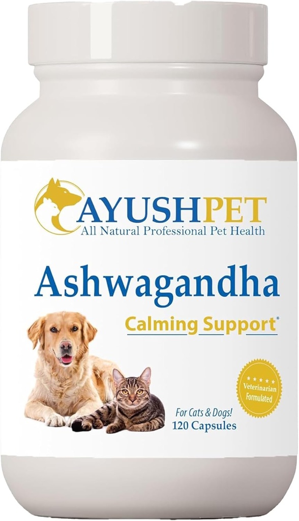 Ayush Pet Ashwagandha Capsules for Dogs & Cats - Organical Ashwagandha Root 提取用于冷静和日常平衡,可适应的宠物健康补充,500 mg Per Capsule - 120 计数