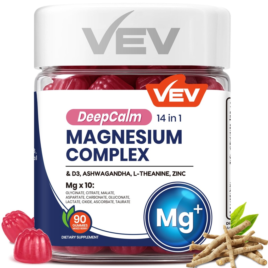 VEV Magnesium Complex DeepCalm 14-in-1 Gummys – 与 Ashwagandha, L-Theandha, D3 & Zinc – Cortisol 女性补充剂 90 无添加糖 Vegan 镁 Glycincium Complex Gummys
