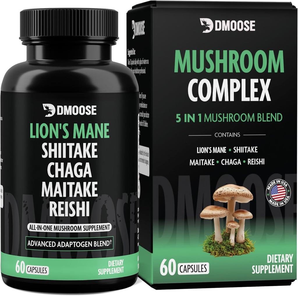 Lions Mane蘑菇综合体 - 5300 mg 适应性混合剂,用于记忆、焦点和免疫支持 - 1分之一 Lionsmane、Chaga、Maitake、Shiitake和Reishi 提取剂,Nootropic Mushro Supplement Capsules