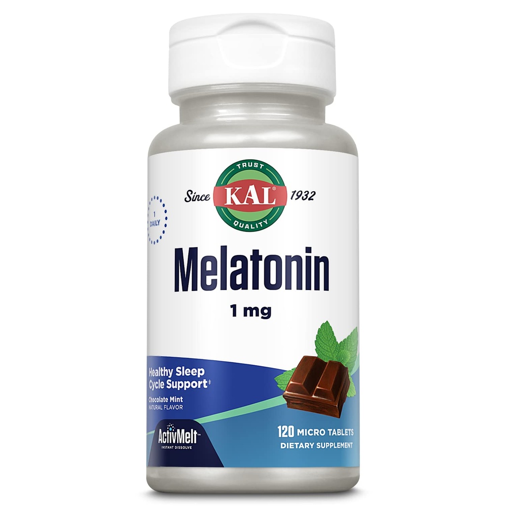 KAL Melatonin 1mg 睡眠援助,Melatonin 补充支持冷静放松和健康的睡眠循环,快速溶解激活,天然巧克力薄荷糖,蔬菜,120 Servi,120 微标签