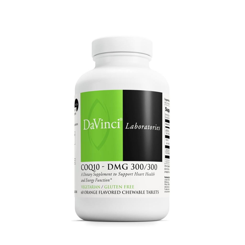 DAVINCI Labs CoQ10 - DMG 300/300 - 支持心脏健康和能量功能* - 配有Coenzyme Q10 & Vitamin E的饮食补充 - 蔬菜 - 不含葡萄糖 - 60 橙色裂纹脆肉片