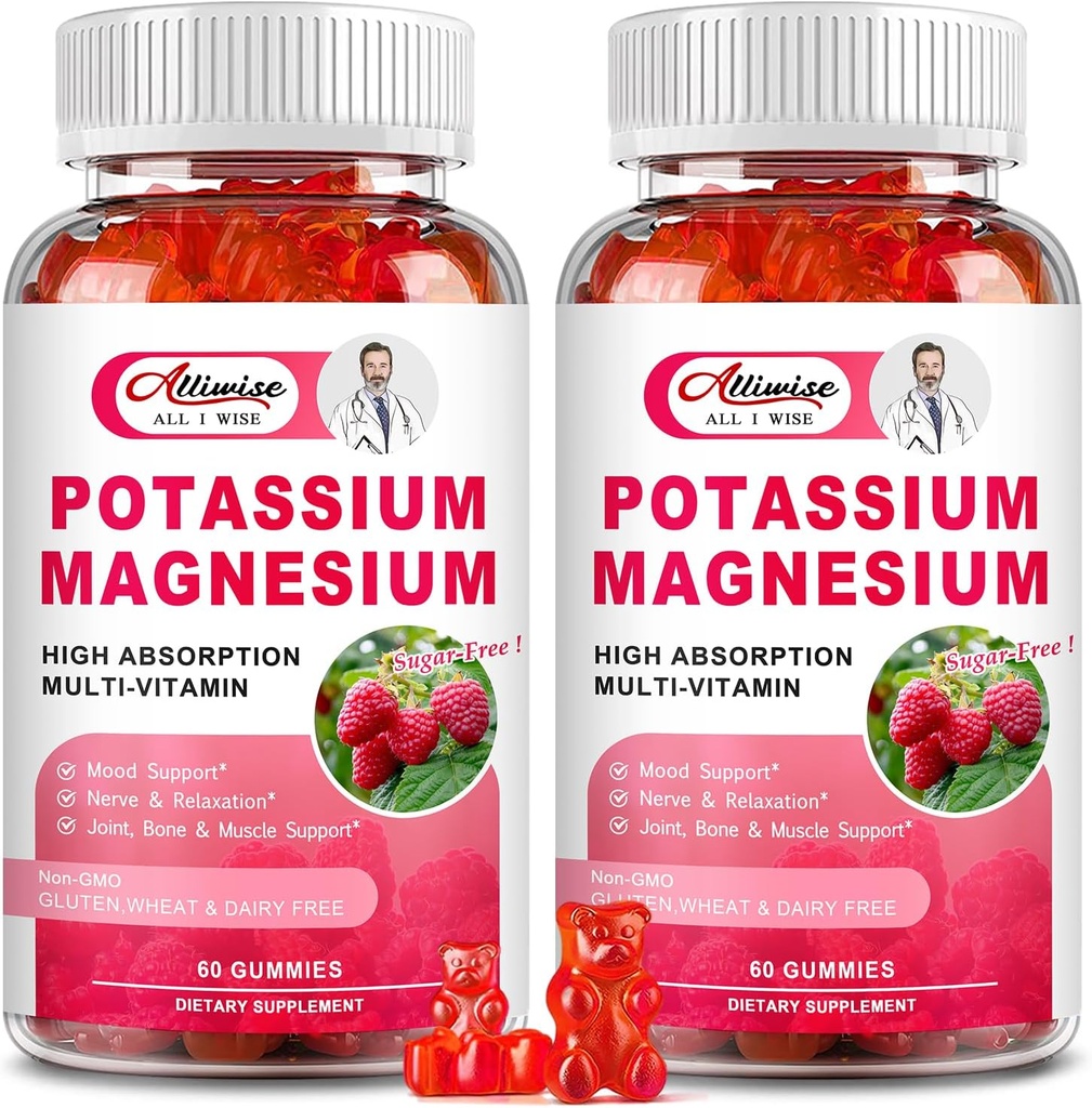 2 Pack Potassium Magnesium Supplements Gummys - Potassium Citrate & Magnesium Glycnate for Leg Cramps & Muscle, Mood & Relaxation, 能量支持与维生素B6, D3, C Raspberry Flavor.