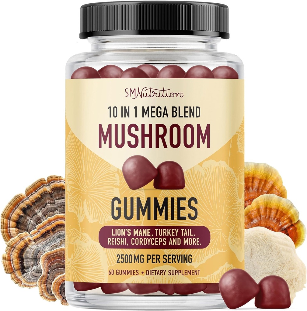 成人蘑菇 – 与狮子 Mane,土耳其 Tail, Reishi, Cordyceps, Chaga & Maitake – Notropic Mushroom 补充 – 支持认知功能和免疫健康 – 拉斯贝利 Flavor – 60ct