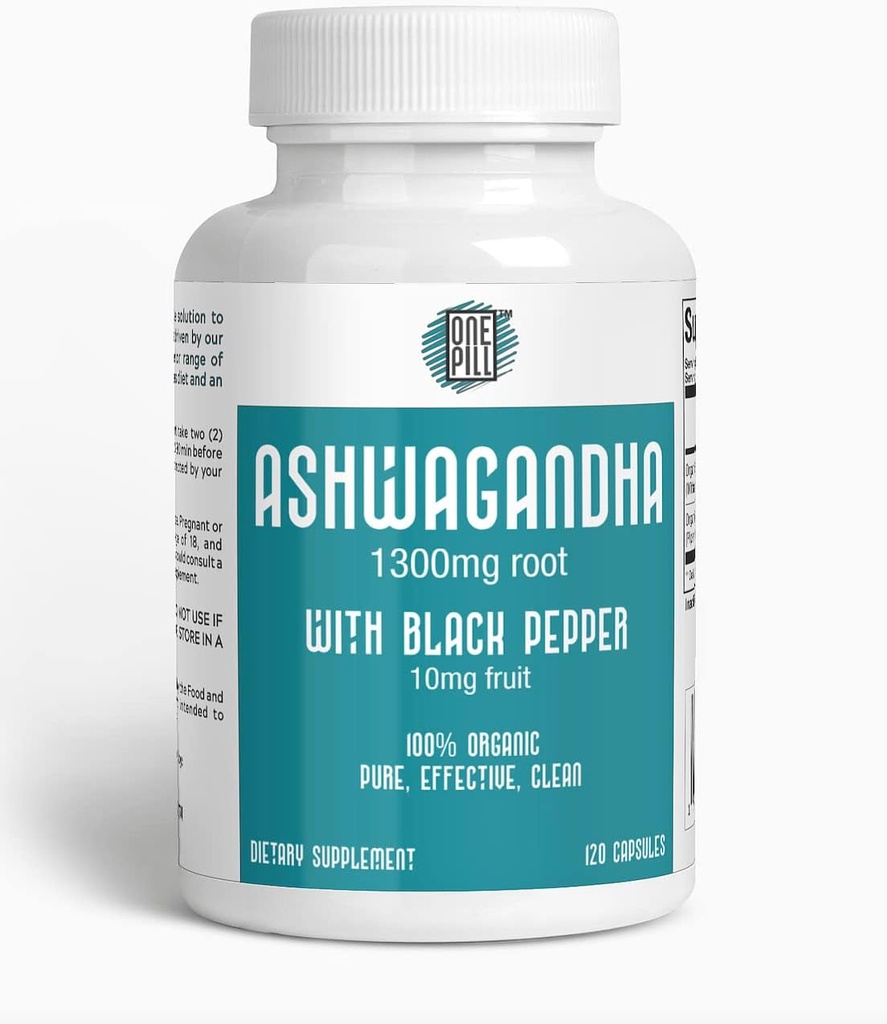 ASHWAGANDHA 1300 mg 有机根与黑胡椒. 自然压力和泥质支持补编120 Capsules