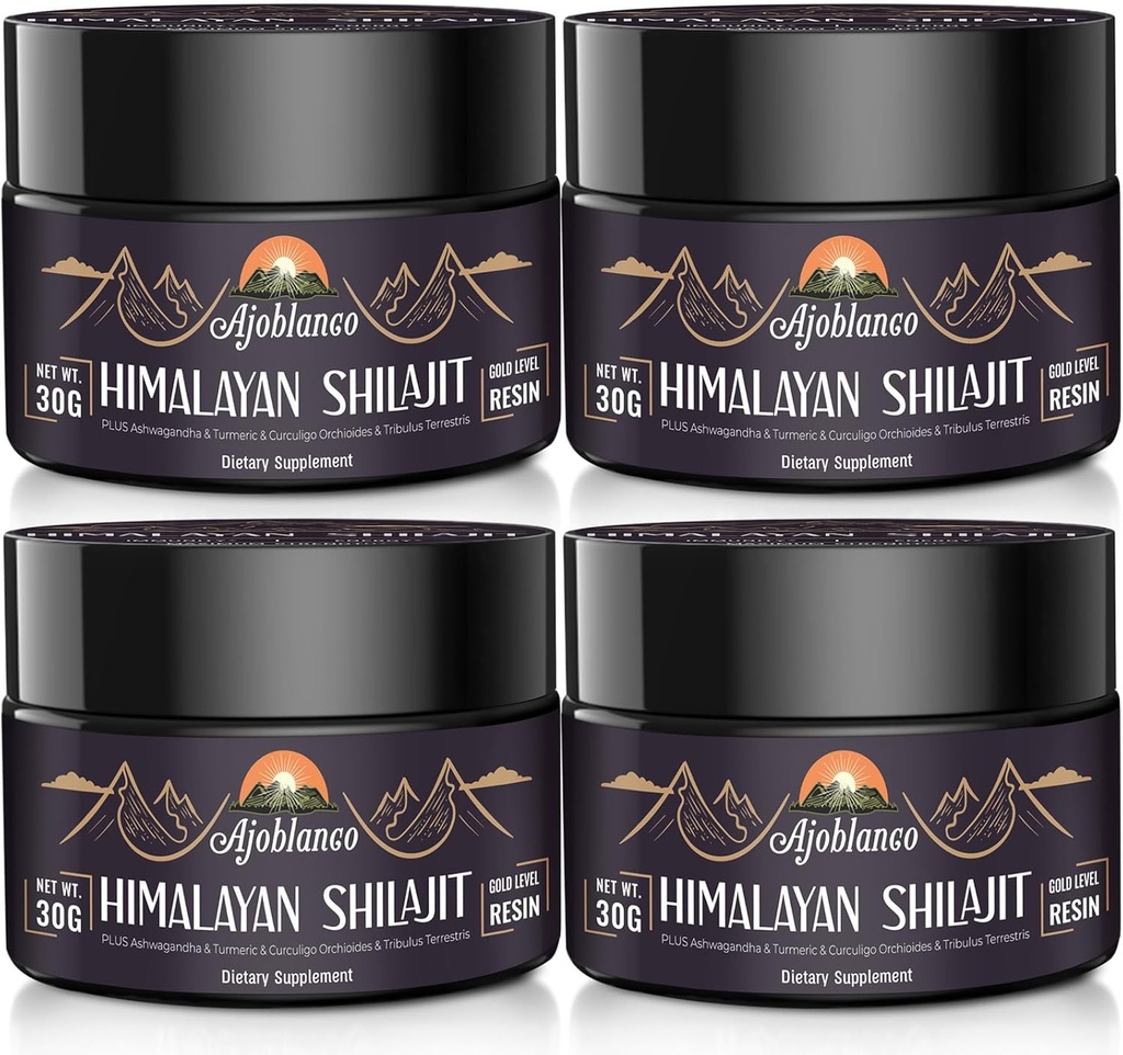 Ajoblanco 600mg 天然喜马拉雅有机物 Shilajit Resin - 喜马拉雅黄金 Shilajit Resin 与高能源、强度和豁免的有机Ayurvedic 混合剂,包4