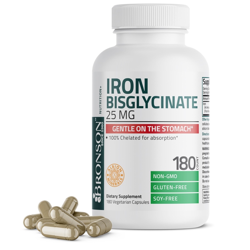 Bronson 铁比斯格化 25 mg gentle on the Tommach, 支持能量与健康红血球生产 - 非辅助性公式 - 非转基因生物,180 蔬菜卡普尔