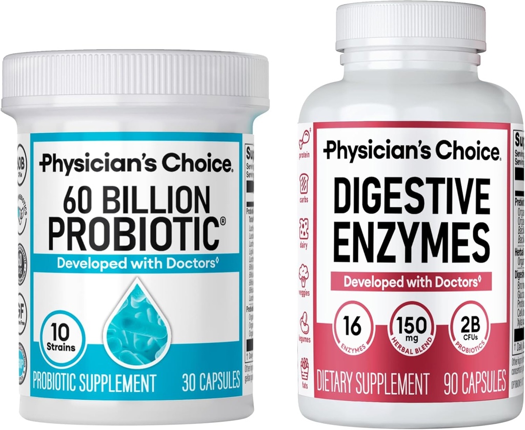 物理家的CHOICE - 最佳古特健康包:60亿 Probiotics + 消化酶90ct 用于消化舒适和免疫支持