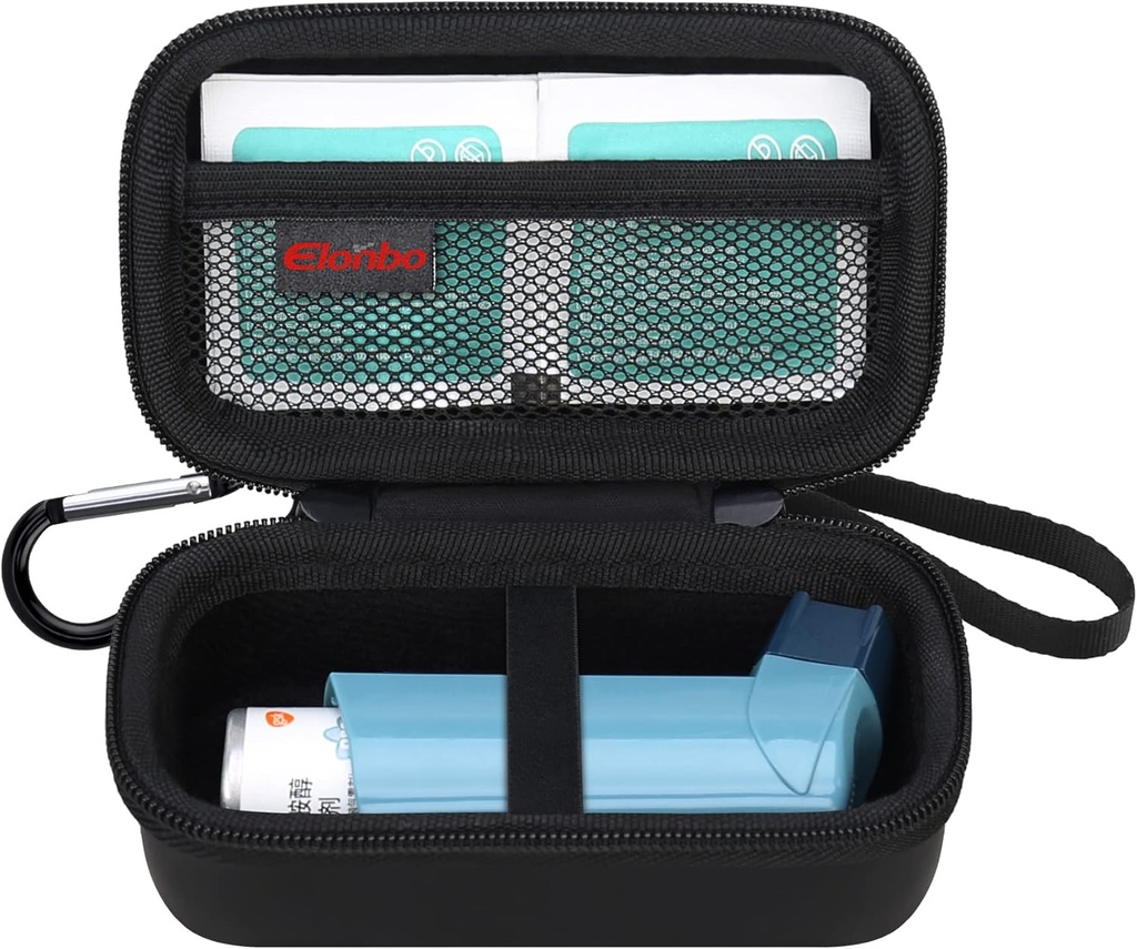 Elonbo Asthma Inhaler Carrying case, 旅行组织 Holder Bag for Ventolin Inhaler, Extra Interior Mesh Pocket 适配 Asthma Mediction, Black+inside Black (CASE Only!) 存档副本. 吸入器医学(不包括)