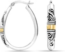 LeCalla 925 Sterling Silver Bali-Style Hoop Earrings 轻量级点击-Top古董双Tone Bead 意大利巴厘风格 Earring Hoops for Women