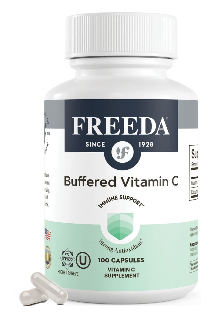 FREEDA 缓冲维生素C 500mg – 非碳化钙 Ascorbate – 免疫支持和抗氧化剂 – Kosher, Gentle on Stomach – 100 Capsules