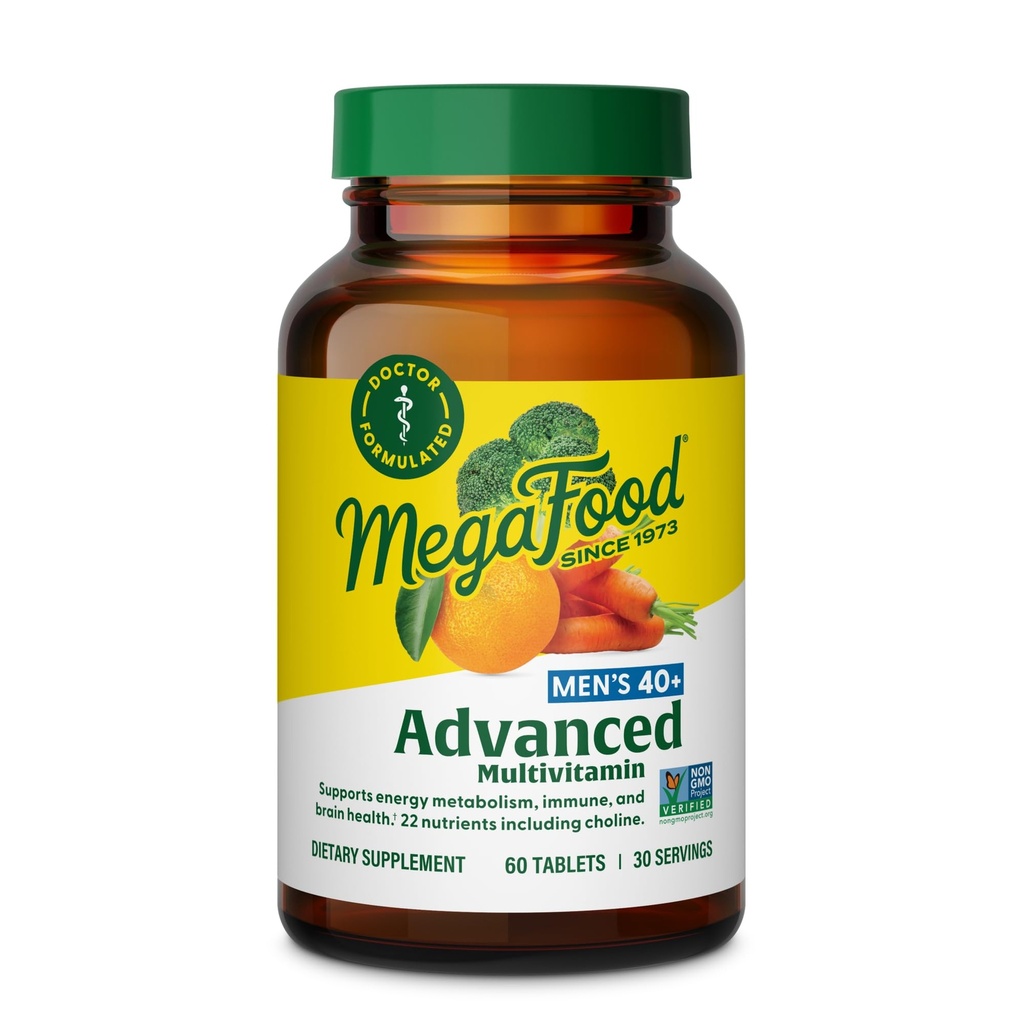 MegaFood Men's 40+ 高级 男子多维素 - Dr-formated - Choline,维生素B,维生素C,维生素D,锌和真食品 - 脑健康,免疫支持 - 蔬菜 - 60 Tabs (30名服务员)