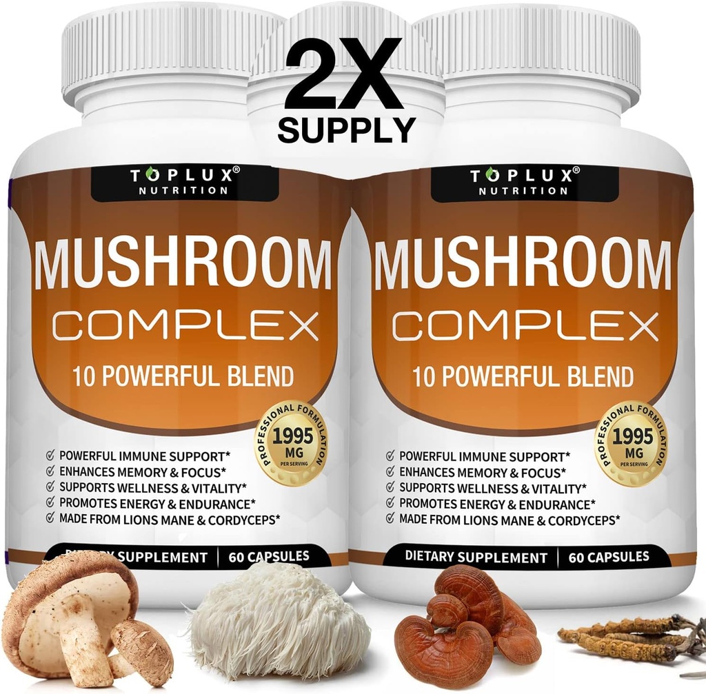 Toplus Mushroom 补充 Lions Mane & Cordyceps Reishi Chaga 10 有机Mushroom 混合剂,用于支持Immune系统,记忆,焦点和清晰度以及增加能量,面向男性,60个卡普尔