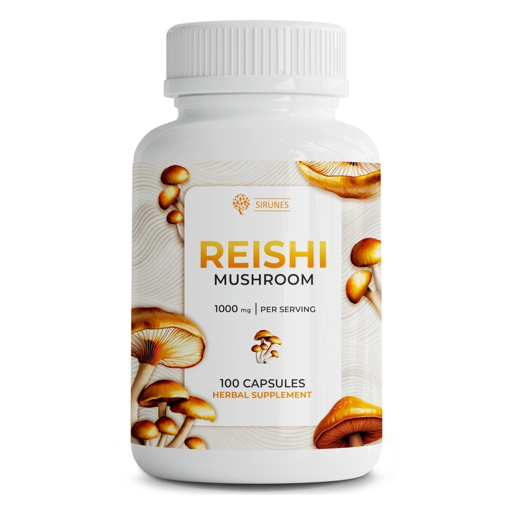 SIRUNES Reishi蘑菇盖 – 100-Count Reishi蘑菇压力和免疫支持补充剂 – 1000mg 高Strength 适应性蘑菇盖 – 非GMO和天然