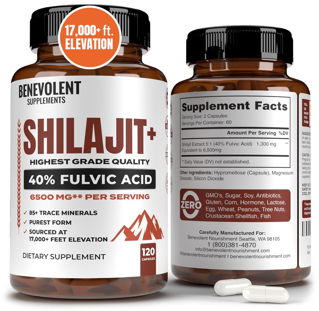 6,500mg Shilajit补充物,含40%的富尔维酸(高吸收) * Shilajit 矿物补充物,含85+ Trace Minerals for Energy, Performance & Immune Health - 120 Capsules