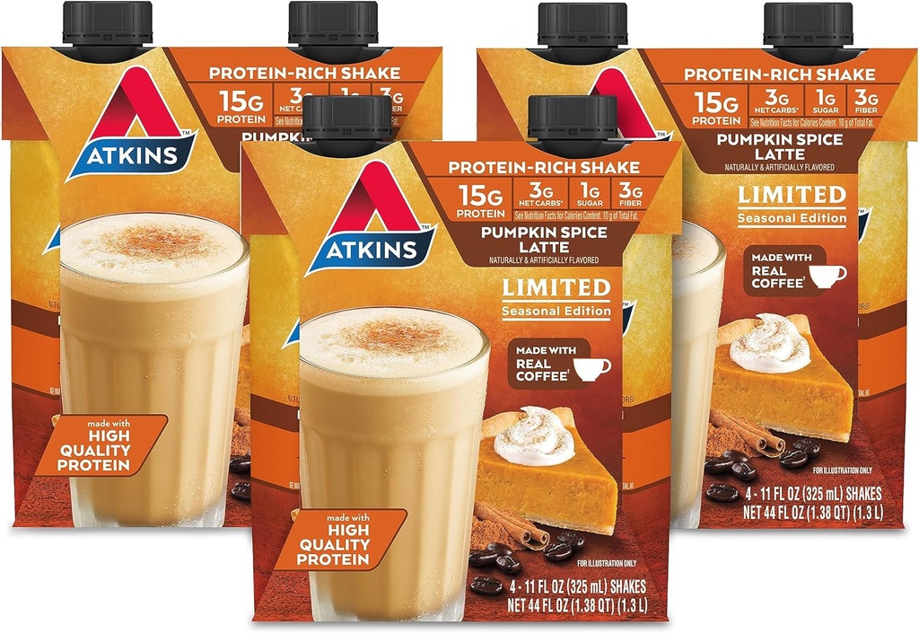 Atkins 南瓜辣椒 Latte, 15g蛋白, 3g Net Carbs, 1g 糖, 低甘油, Keto 友好, 12 Counter