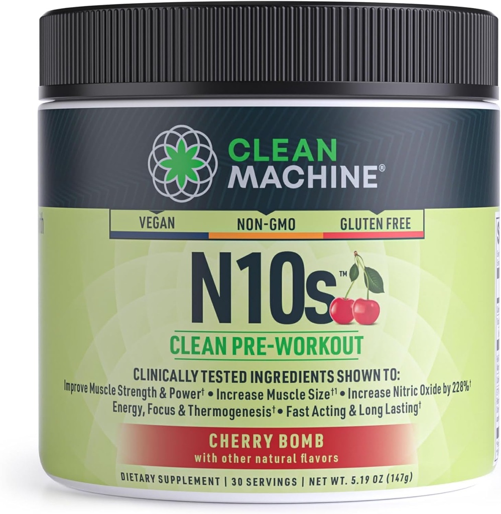 CLEAN MACHINE N10s 工厂制的前置粉剂 - Vegan 能量补充剂,配有3种临床测试的肌肉尺寸、强度、泵和耐力的专利成份 - 非GMO, 30种服务