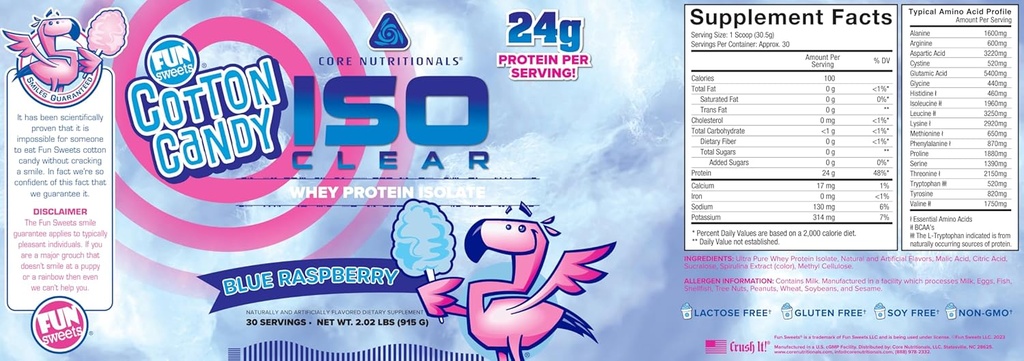 核心营养素 Iso Clear Whey蛋白Isolate QQ 低卡路里,卡布, & Fat & Fat & Lactose Free & Easy to Digest QQ 24g蛋白,零糖 QQ 2 磅(Fun Sweets Blue Raspberry)