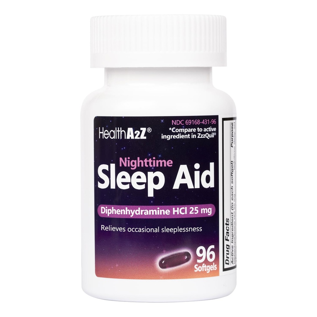 HealthA2Z 睡眠援助,二苯胺HCl 25mg软胶,支持深色,休息睡眠,Non Habit-Forming(96软胶)