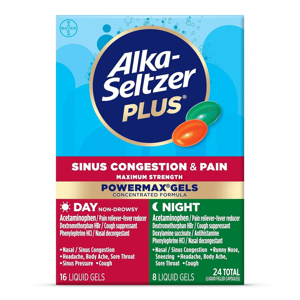 Alka-Seltzer Plus 最大强功率 Max Sinus 摄入和疼痛医学, Day + Night Liquid Gels – 强力缓解寒冷和流感, + Sinus 对成人和儿童摄入12+ 24岁