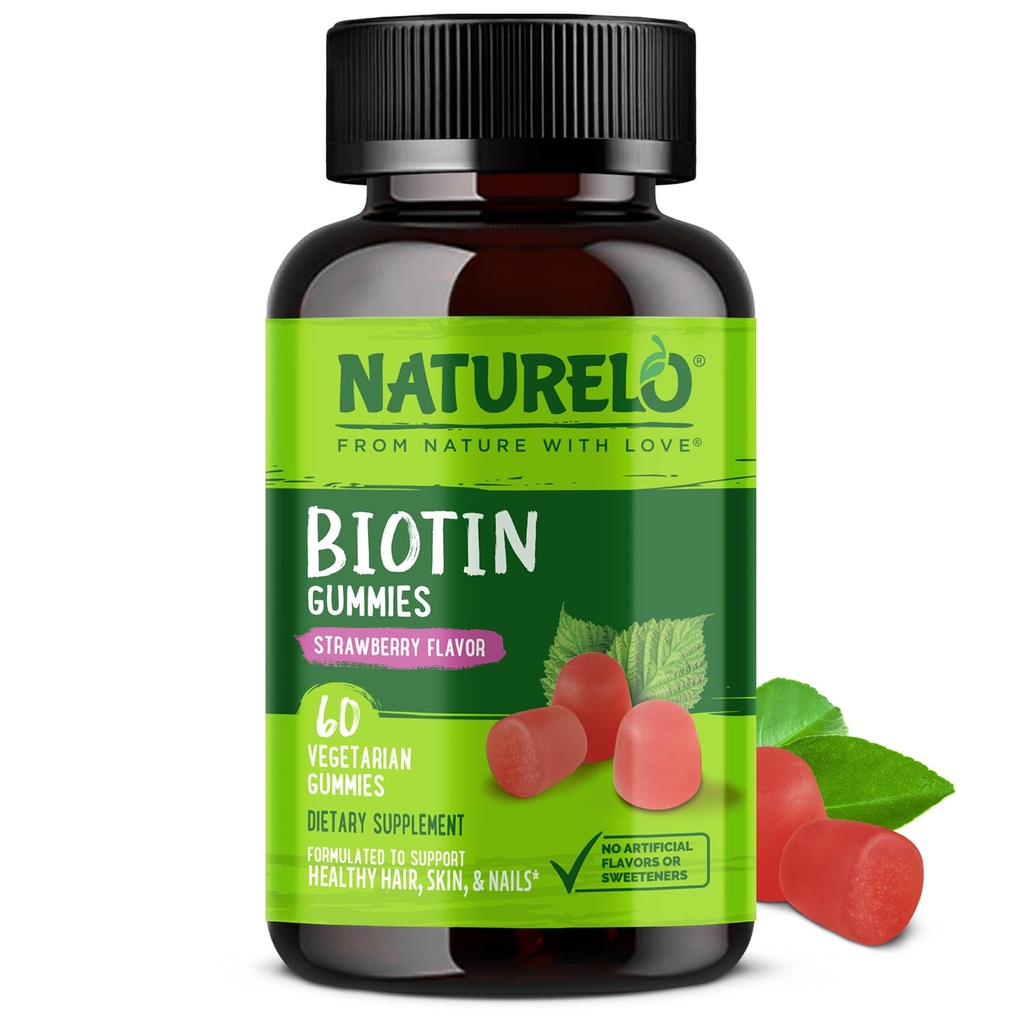 NATURELO Biotin Gummys - 支持健康头发,皮肤和钉子 - 高概率 2500 mcg - 非转基因生物, Gluten Free - 60 Gummys