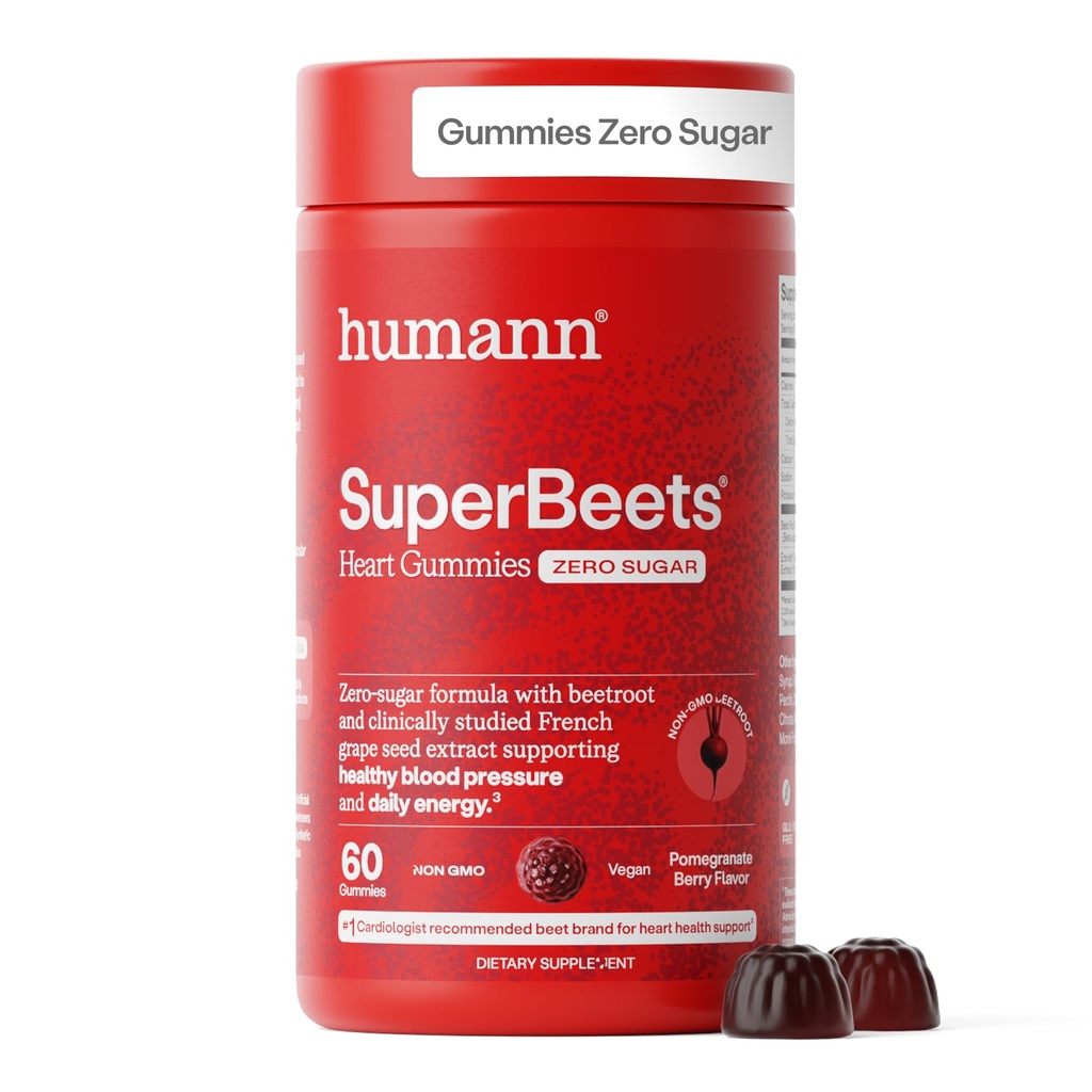 HumanN Super Beets Heart Gummys - 配有能量支持的Bet Gummy, 葡萄种子提取器 & Beetroot Powder, 无糖 - 石榴贝里 Flavor, 60 Counter
